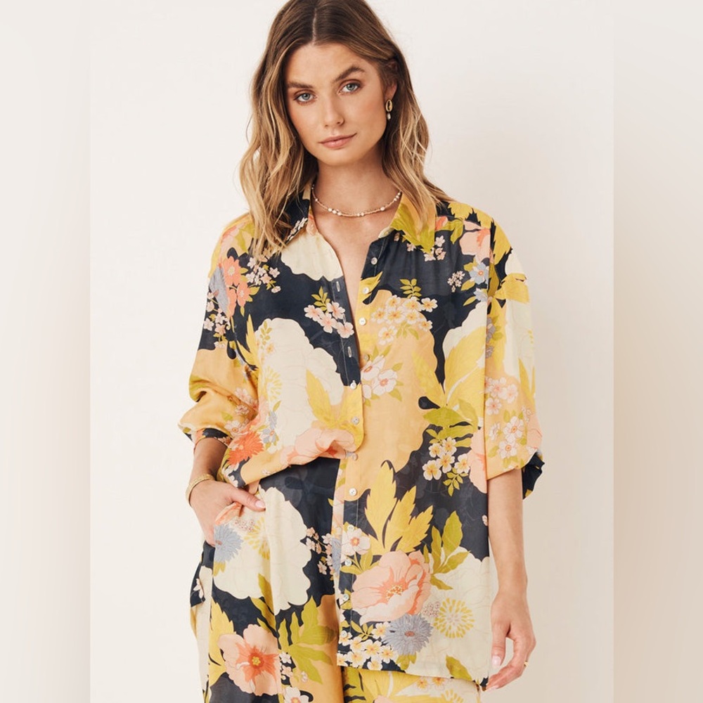Spell Tyler Shirt- Charcoal XS Oversized Floral Button Up Top